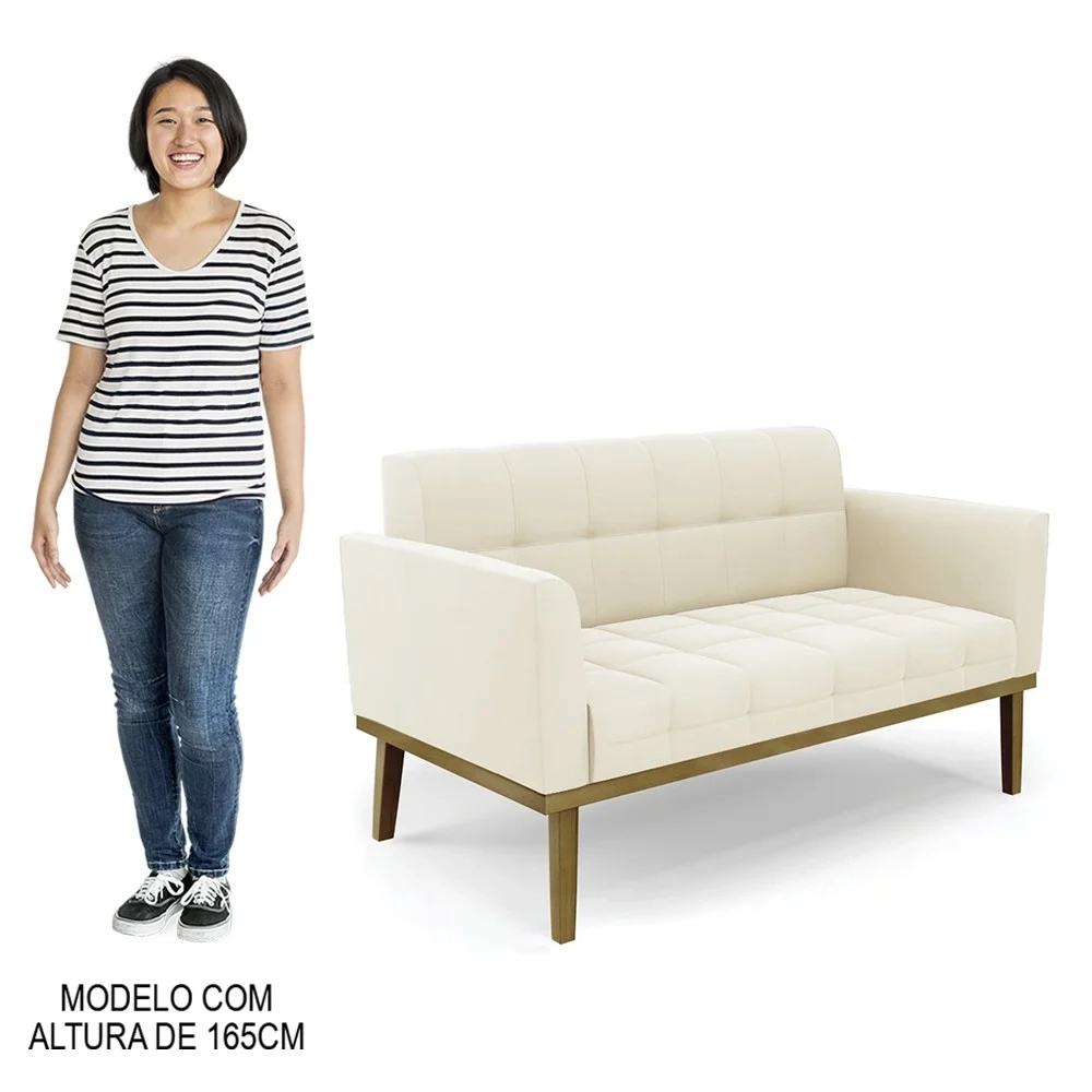 Sofá Namoradeira e 2 Poltronas Base Madeira Castanho Ana Veludo Bege - Ibiza