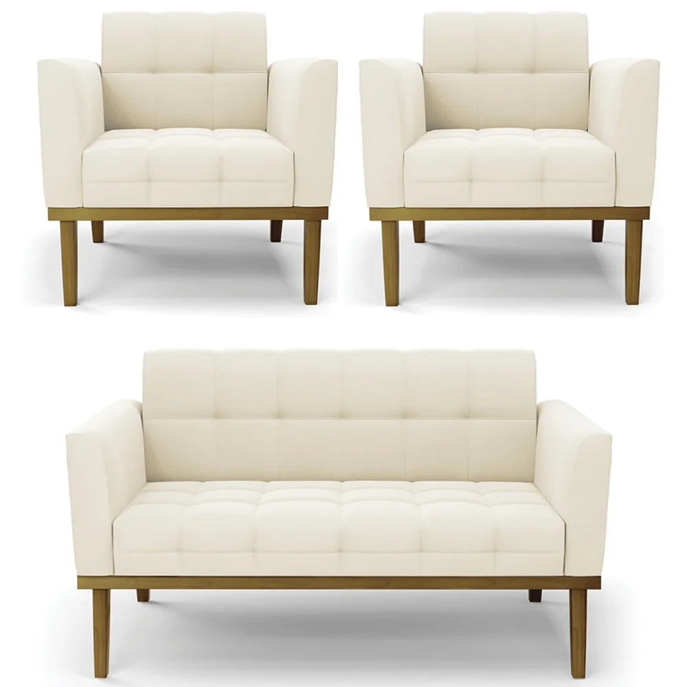 Sofá Namoradeira e 2 Poltronas Base Madeira Castanho Ana Veludo Bege - Ibiza