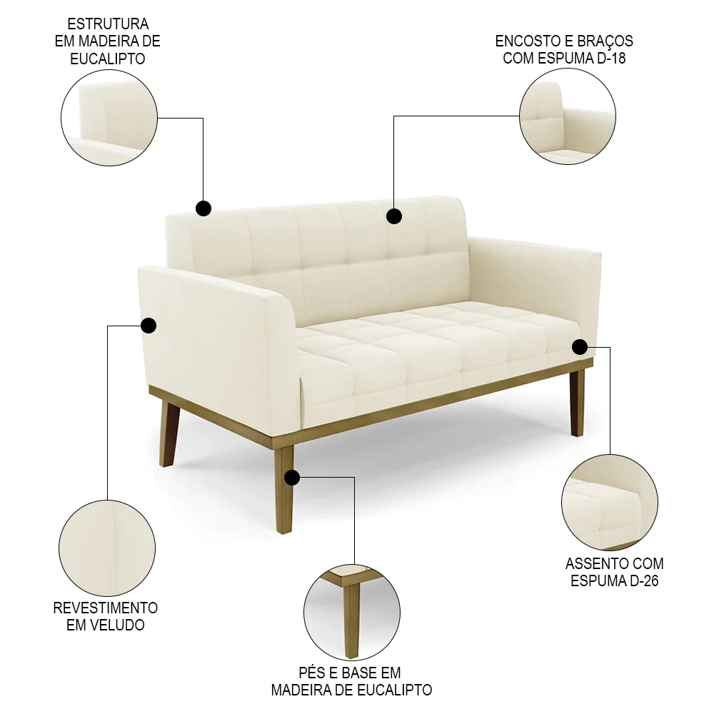Sofá Namoradeira e 2 Poltronas Base Madeira Castanho Ana Veludo Bege - Ibiza