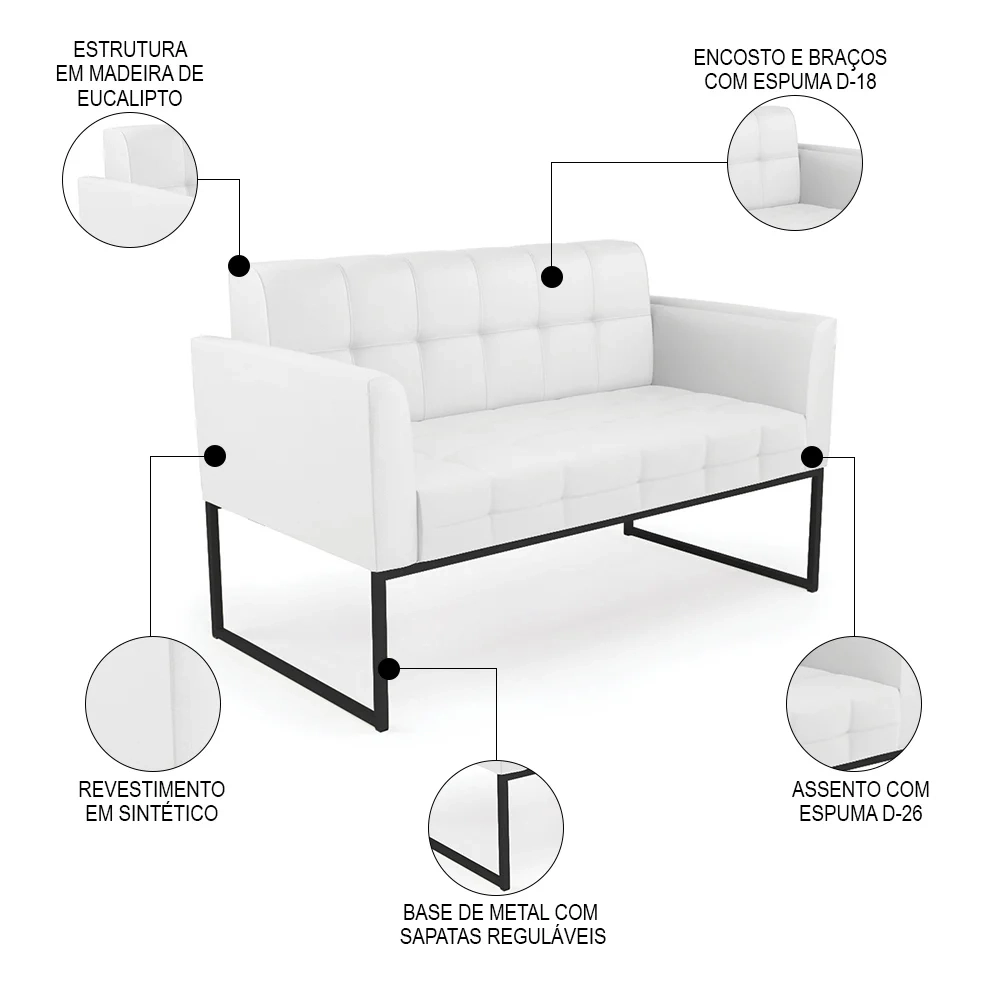 Sofá Namoradeira Base Industrial Preto Ana Sintético Branco - Ibiza
