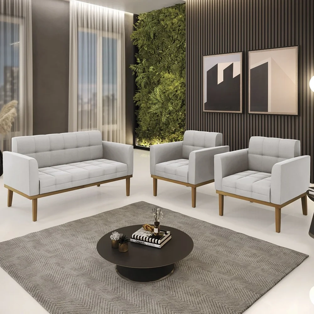 Sofá Namoradeira e 2 Poltronas Base Madeira Castanho Ana Veludo Cinza - Ibiza