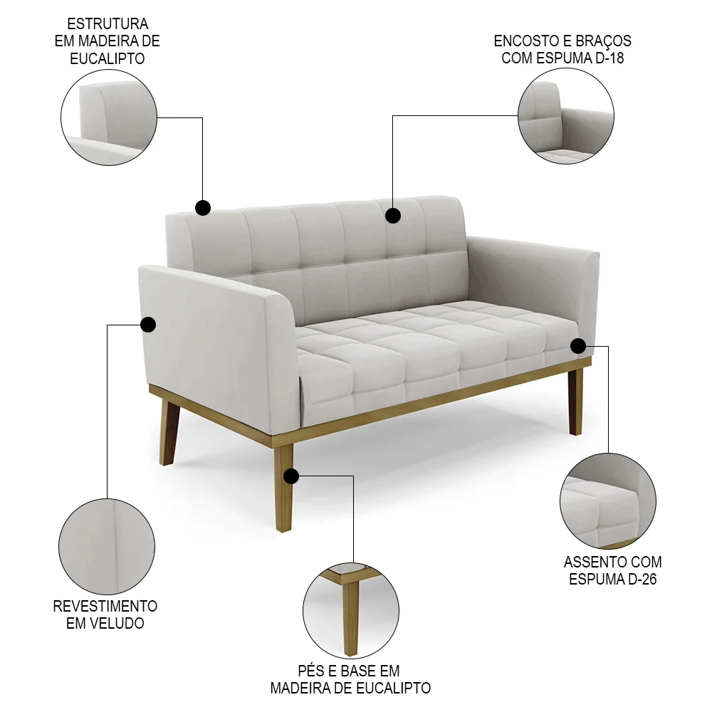 Sofá Namoradeira e 2 Poltronas Base Madeira Castanho Ana Veludo Cinza - Ibiza