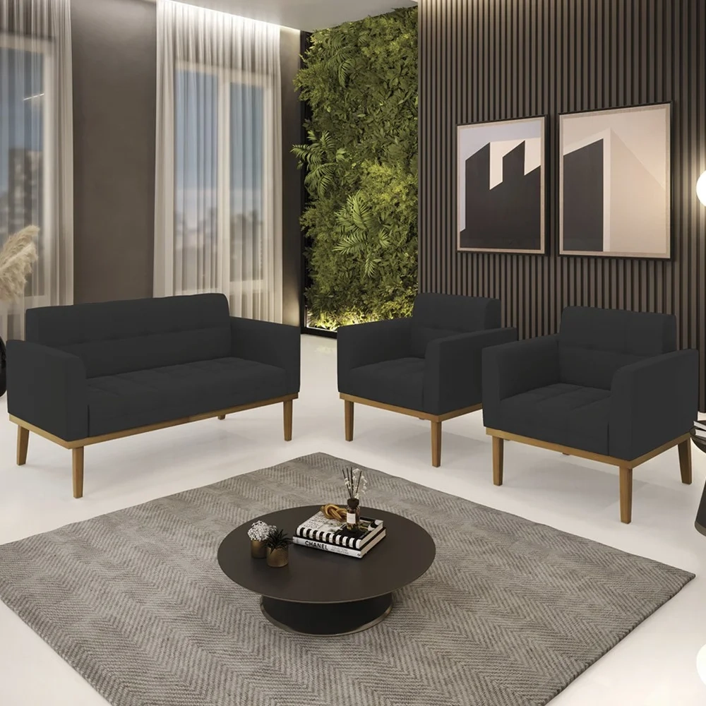 Sofá Namoradeira e 2 Poltronas Base Madeira Castanho Ana Veludo Preto - Ibiza