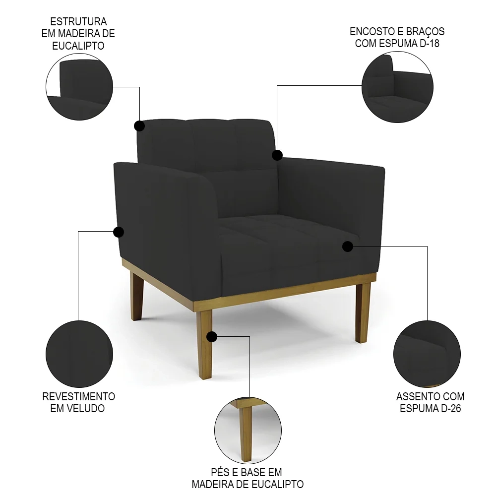 Sofá Namoradeira e 2 Poltronas Base Madeira Castanho Ana Veludo Preto - Ibiza