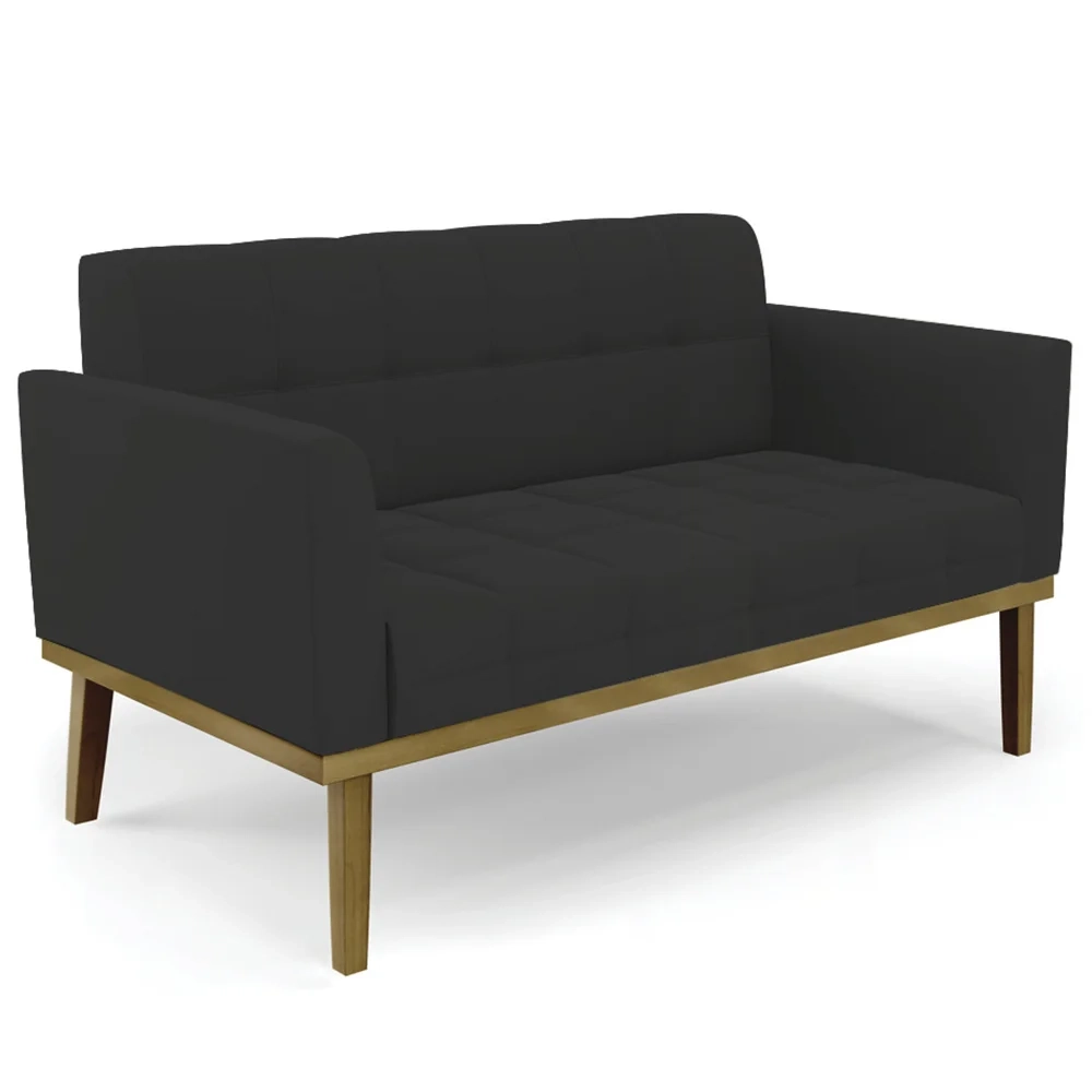 Sofá Namoradeira e 2 Poltronas Base Madeira Castanho Ana Veludo Preto - Ibiza