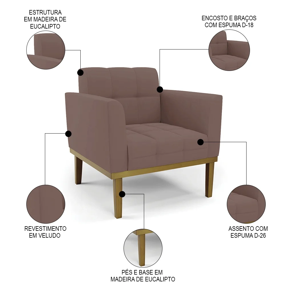 Sofá Namoradeira e 2 Poltronas Base Madeira Castanho Ana Veludo Rosê - Ibiza