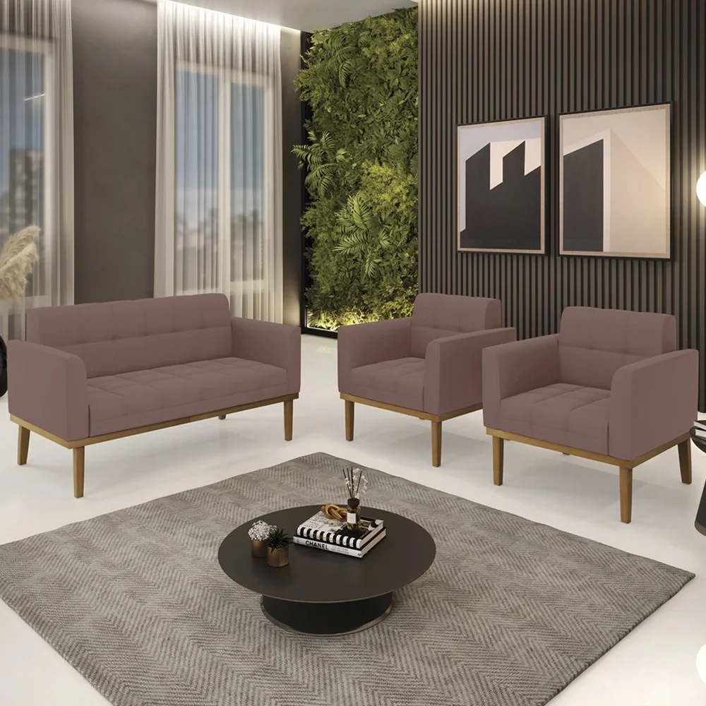 Sofá Namoradeira e 2 Poltronas Base Madeira Castanho Ana Veludo Rosê - Ibiza