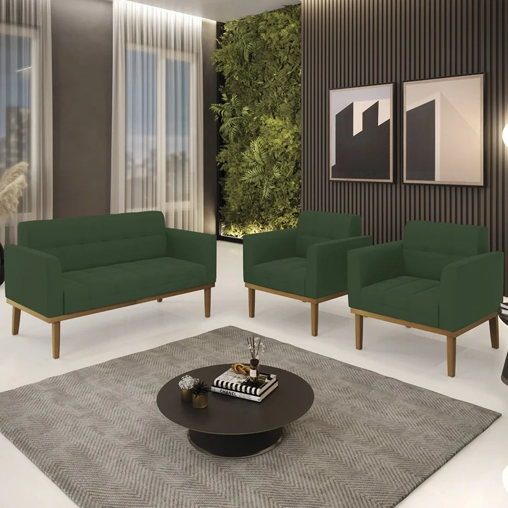 Sofá Namoradeira e 2 Poltronas Base Madeira Castanho Ana Veludo Verde - Ibiza