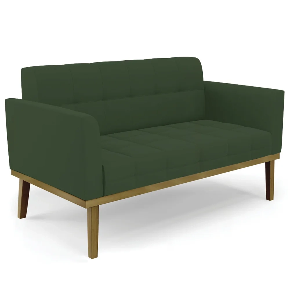 Sofá Namoradeira e 2 Poltronas Base Madeira Castanho Ana Veludo Verde - Ibiza