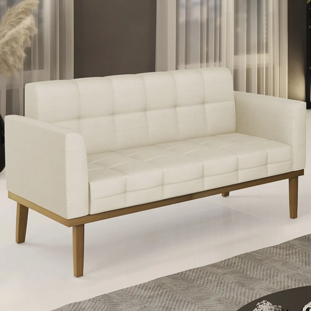 Sofá Namoradeira Base Madeira Castanho Ana Veludo Luxo Off White - Ibiza