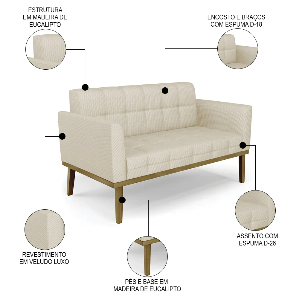 Sofá Namoradeira e 2 Poltronas Base Madeira Castanho Ana Veludo Luxo Off White - Ibiza