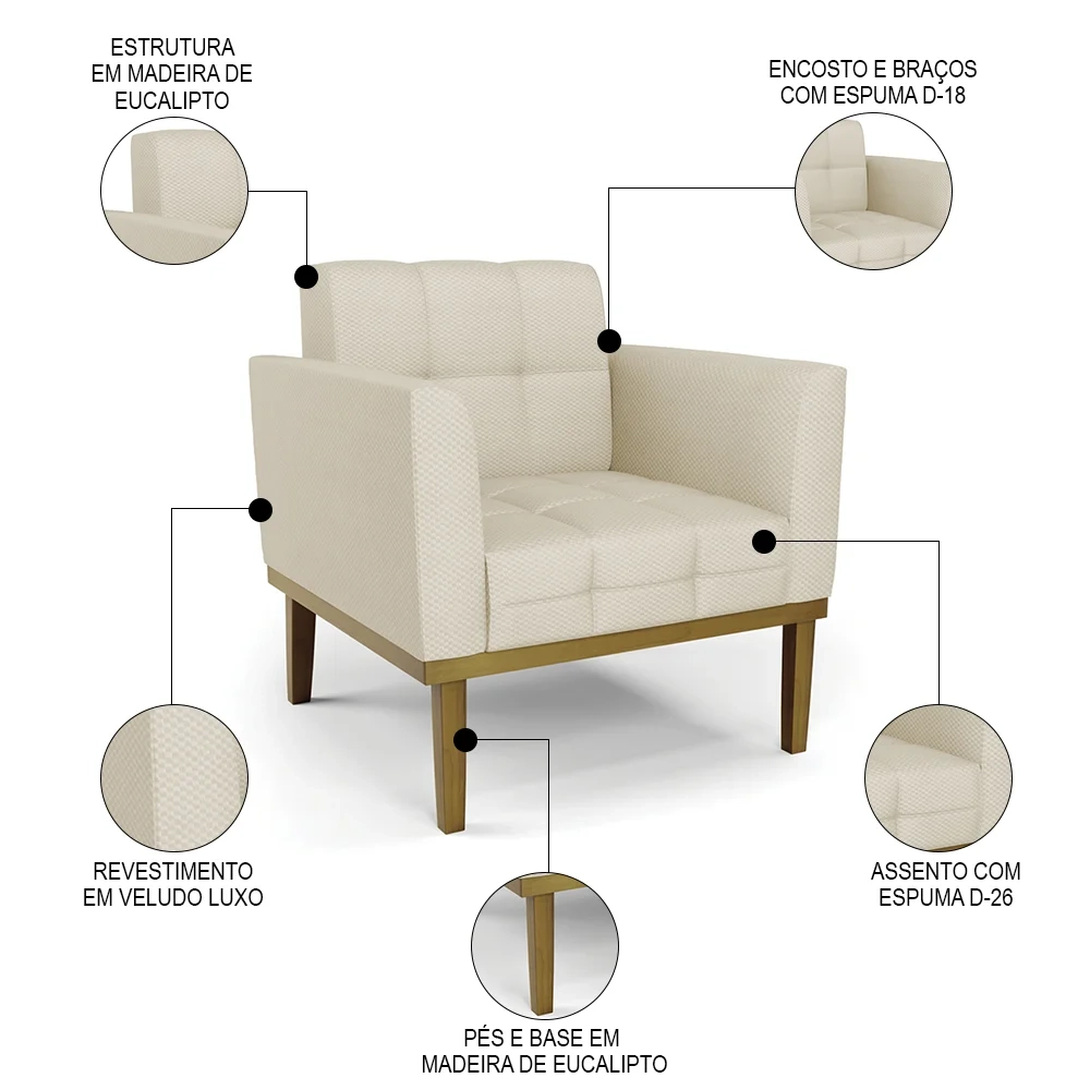 Sofá Namoradeira e 2 Poltronas Base Madeira Castanho Ana Veludo Luxo Off White - Ibiza