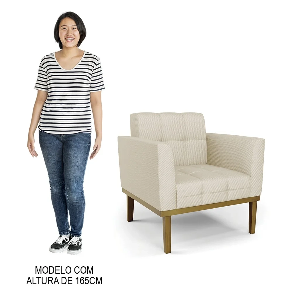 Sofá Namoradeira e 2 Poltronas Base Madeira Castanho Ana Veludo Luxo Off White - Ibiza