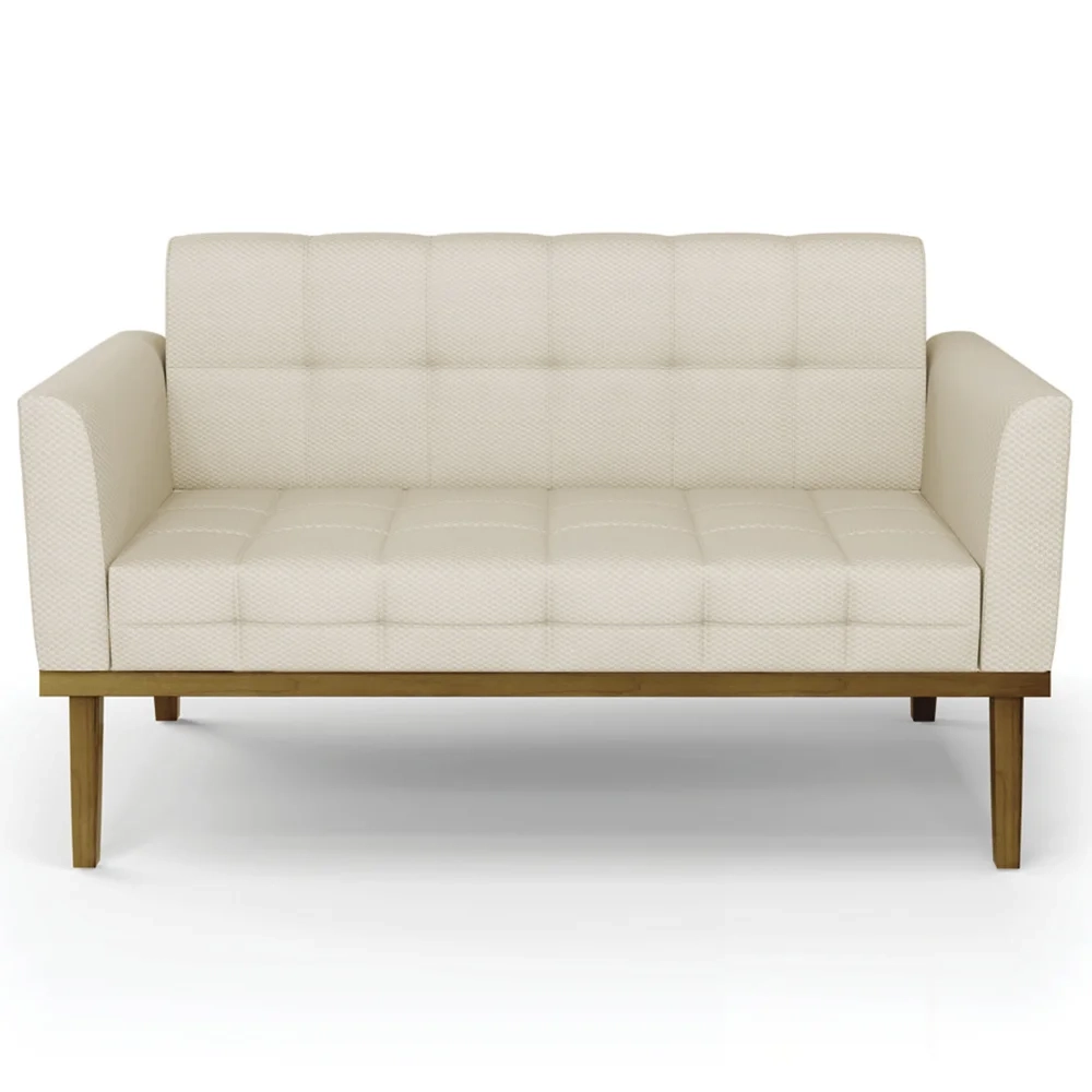 Sofá Namoradeira e 2 Poltronas Base Madeira Castanho Ana Veludo Luxo Off White - Ibiza