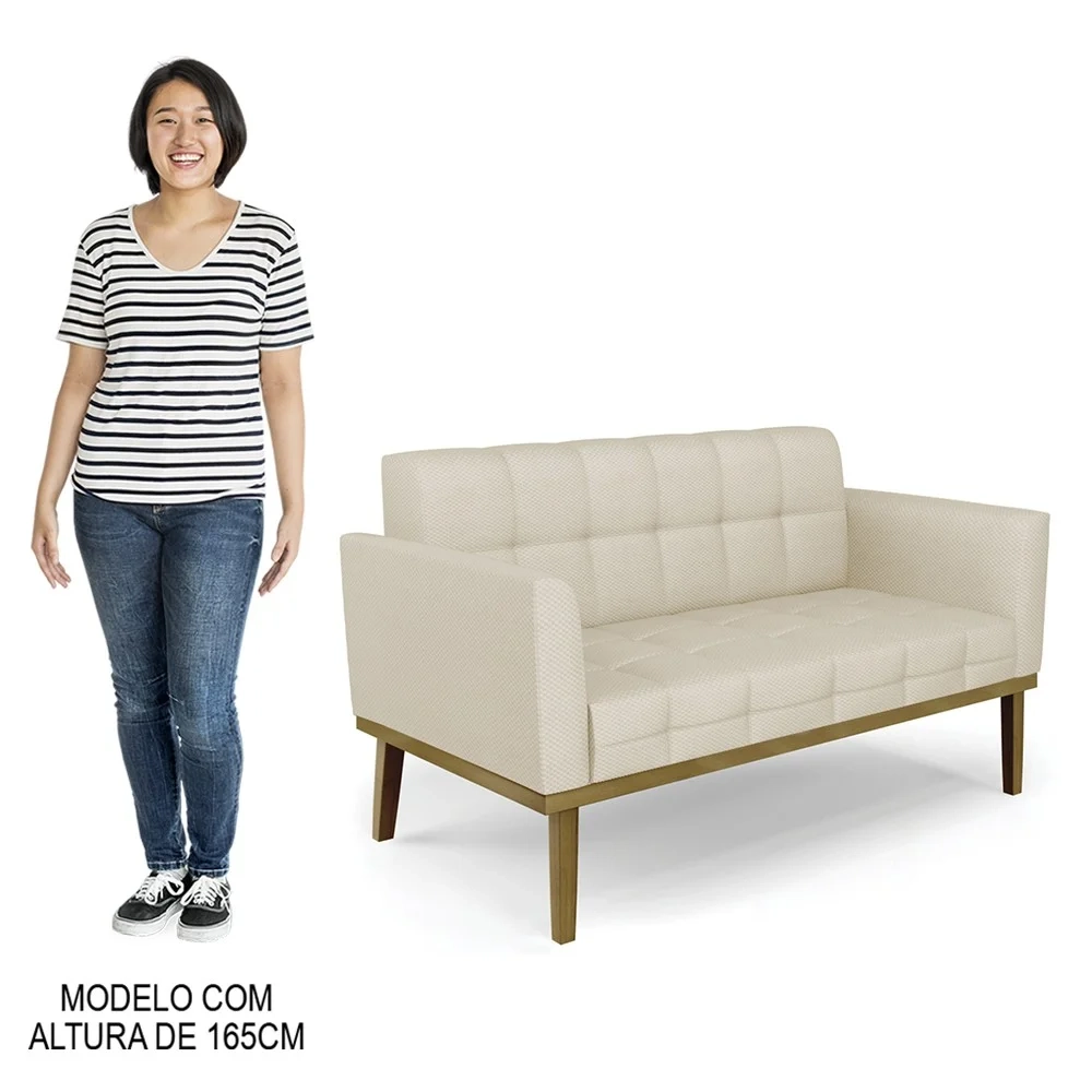 Sofá Namoradeira e 2 Poltronas Base Madeira Castanho Ana Veludo Luxo Off White - Ibiza