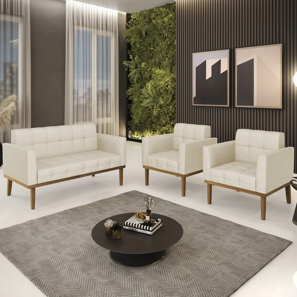 Sofá Namoradeira e 2 Poltronas Base Madeira Castanho Ana Veludo Luxo Off White - Ibiza