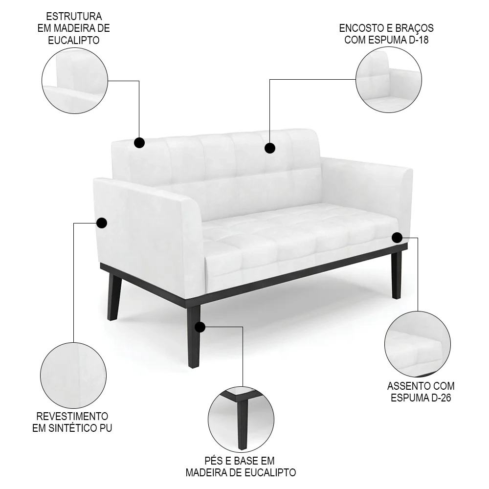 Sofá Namoradeira Base Madeira Preto Ana Sintético PU Branco - Ibiza