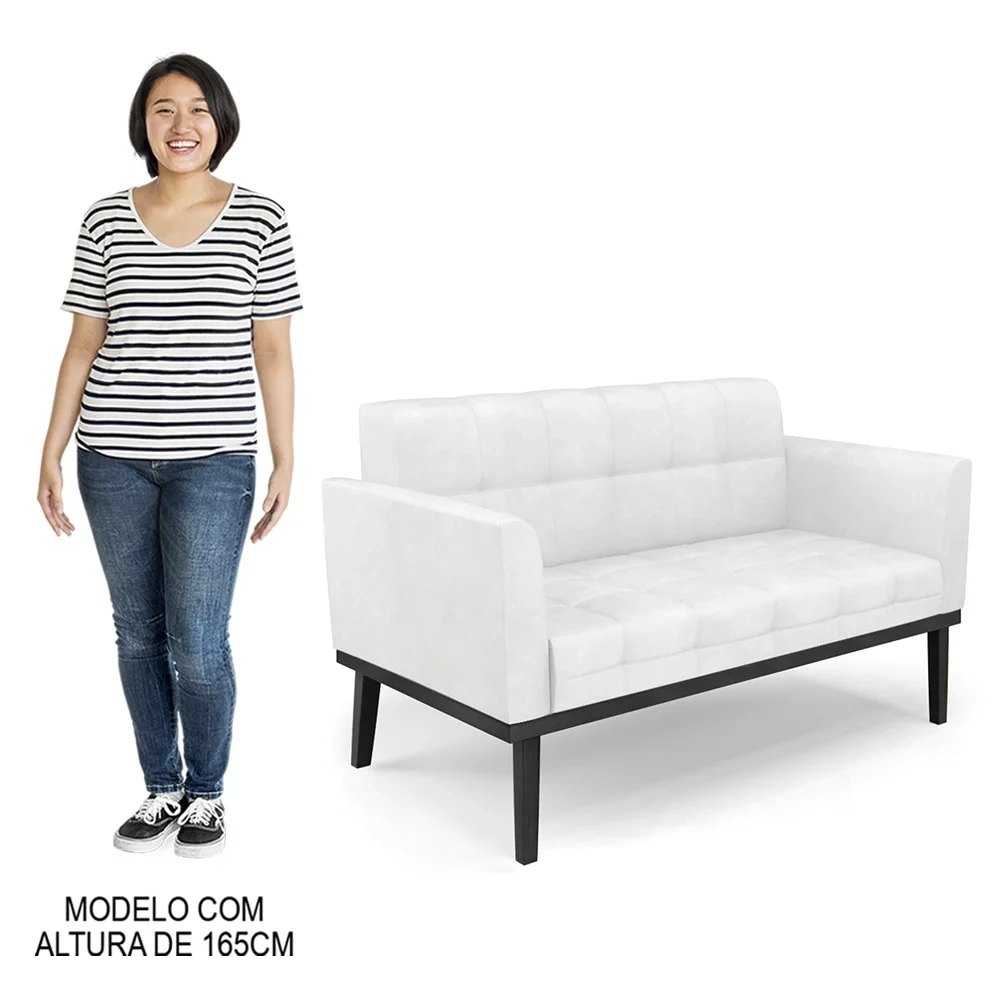 Sofá Namoradeira Base Madeira Preto Ana Sintético PU Branco - Ibiza