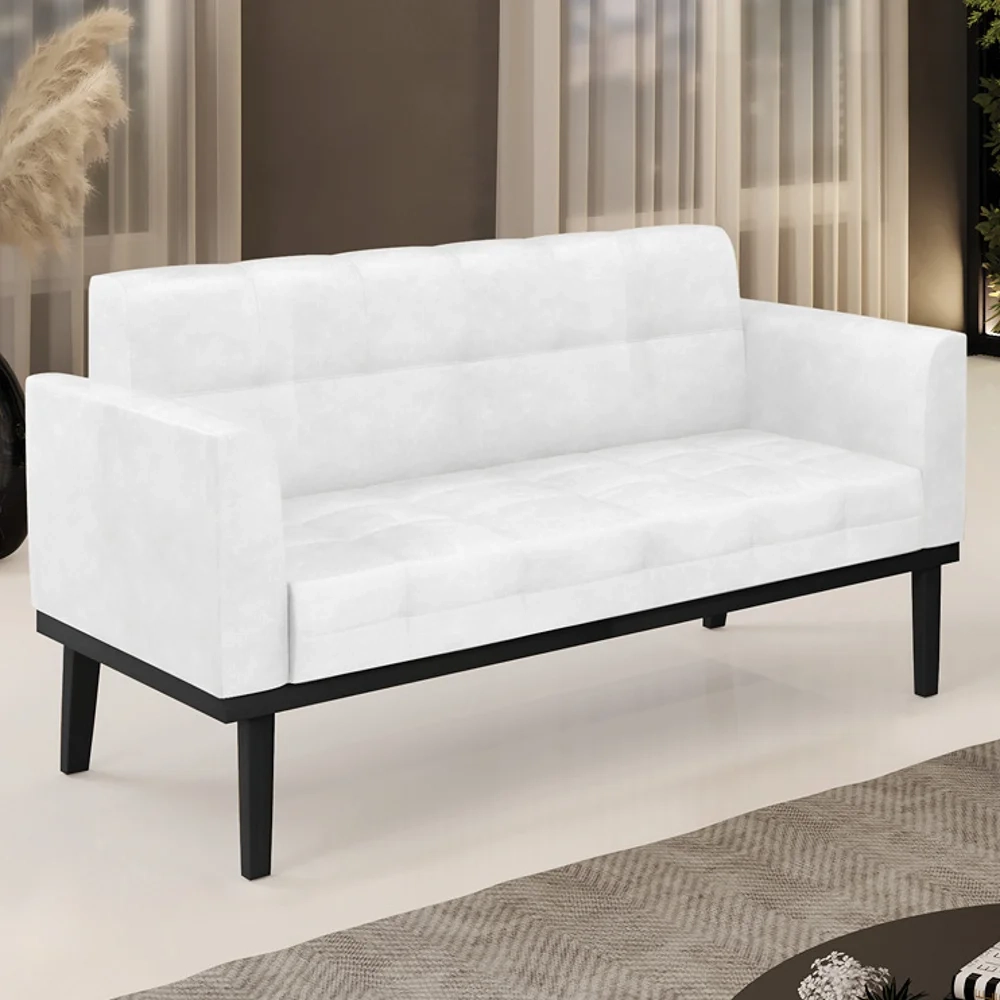 Sofá Namoradeira Base Madeira Preto Ana Sintético PU Branco - Ibiza