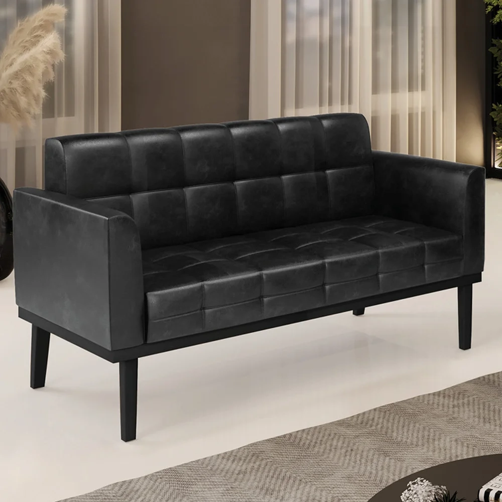 Sofá Namoradeira Base Madeira Preto Ana Sintético PU Preto - Ibiza