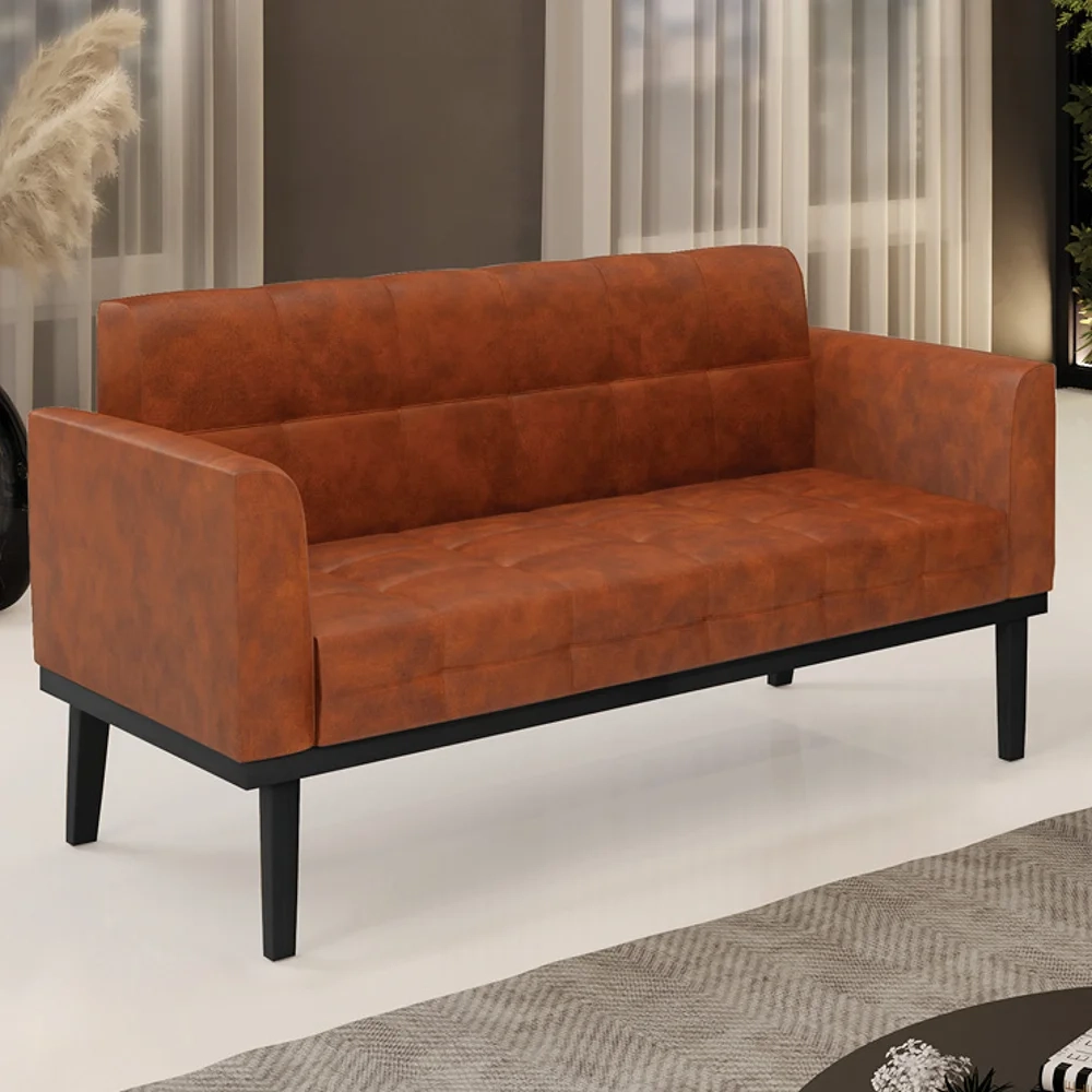 Sofá Namoradeira Base Madeira Preto Ana Sintético PU Nozes - Ibiza