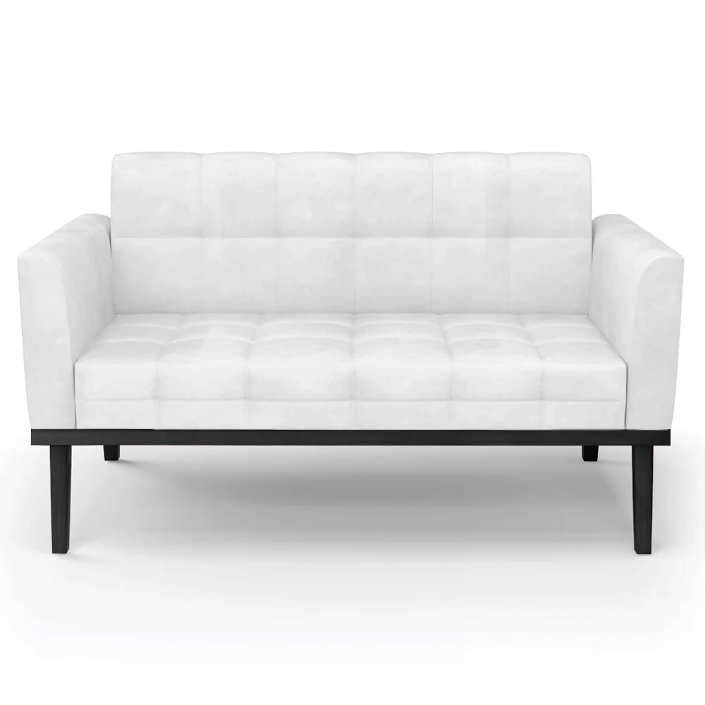 Sofá Namoradeira e 2 Poltronas Base Madeira Preto Ana Sintético PU Branco - Ibiza