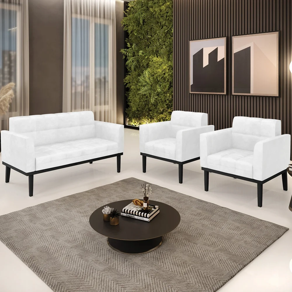 Sofá Namoradeira e 2 Poltronas Base Madeira Preto Ana Sintético PU Branco - Ibiza