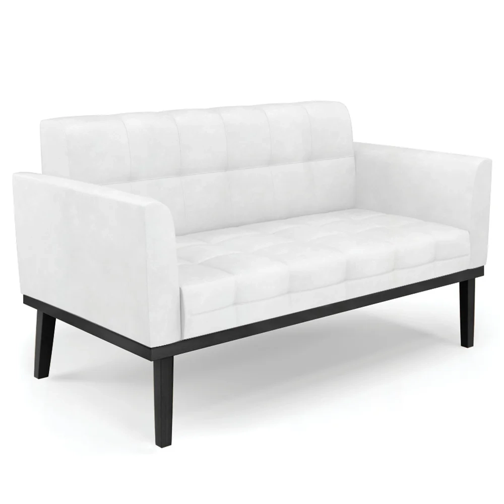 Sofá Namoradeira e 2 Poltronas Base Madeira Preto Ana Sintético PU Branco - Ibiza