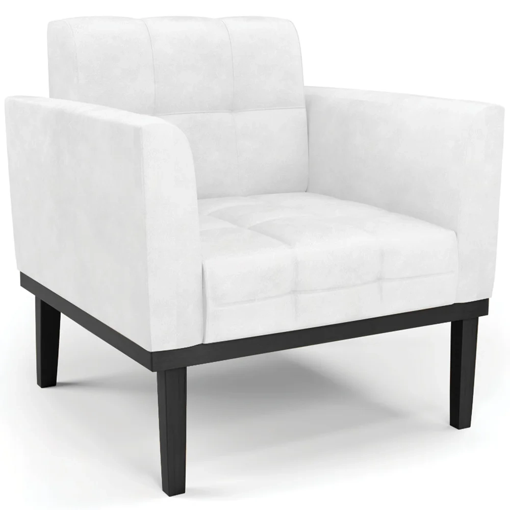 Sofá Namoradeira e 2 Poltronas Base Madeira Preto Ana Sintético PU Branco - Ibiza