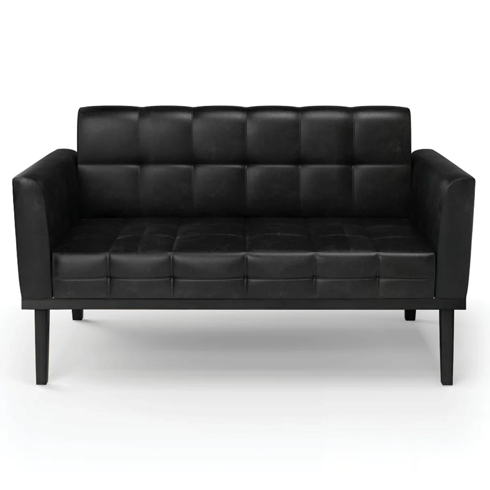 Sofá Namoradeira e 2 Poltronas Base Madeira Preto Ana Sintético PU Preto - Ibiza