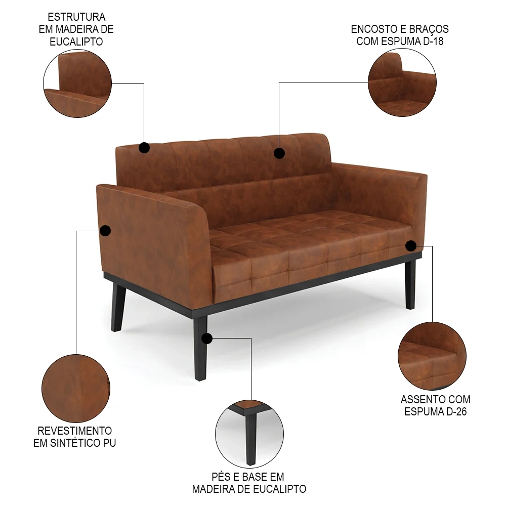 Sofá Namoradeira e 2 Poltronas Base Madeira Preto Ana Sintético PU Nozes - Ibiza