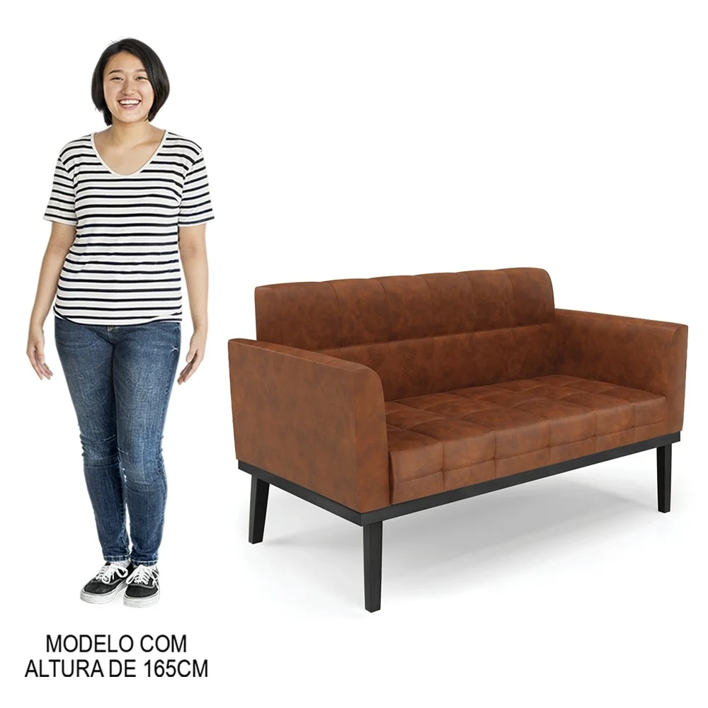 Sofá Namoradeira e 2 Poltronas Base Madeira Preto Ana Sintético PU Nozes - Ibiza