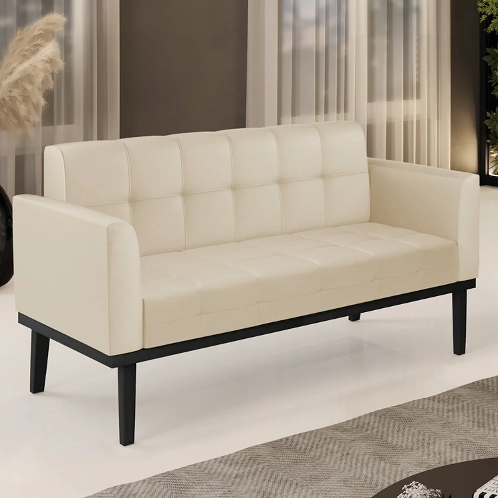 Sofá Namoradeira Base Madeira Preto Ana Sintético Bege - Ibiza