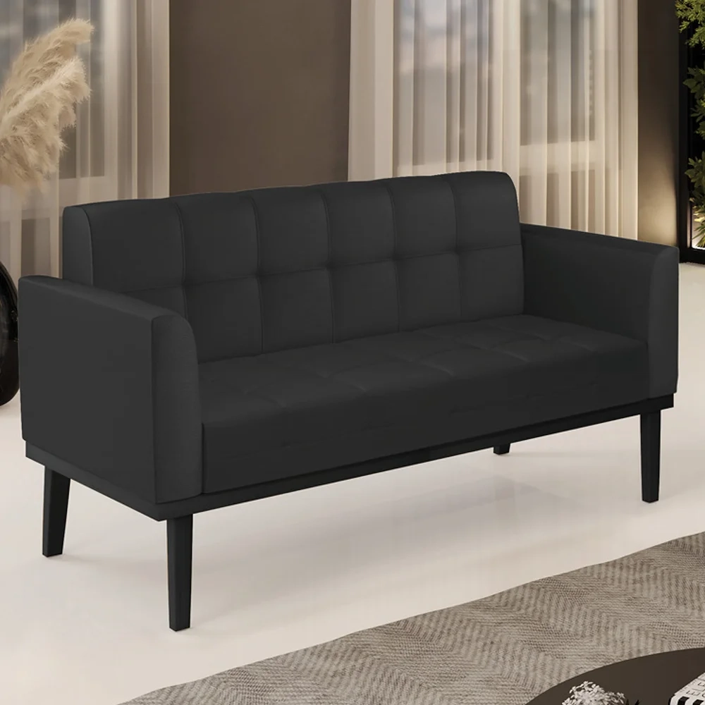 Sofá Namoradeira Base Madeira Preto Ana Sintético Preto - Ibiza