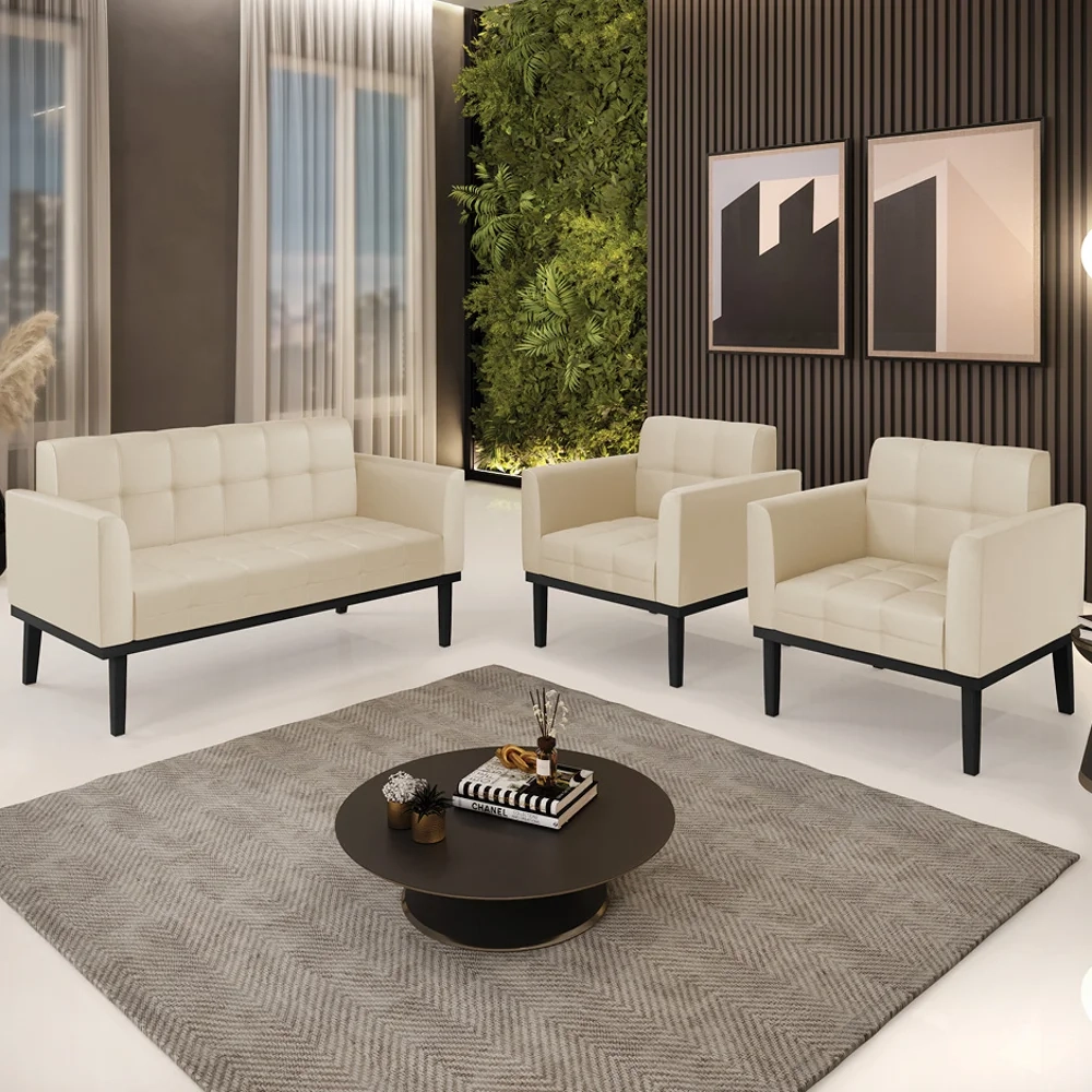 Sofá Namoradeira e 2 Poltronas Base Madeira Preto Ana Sintético Bege - Ibiza