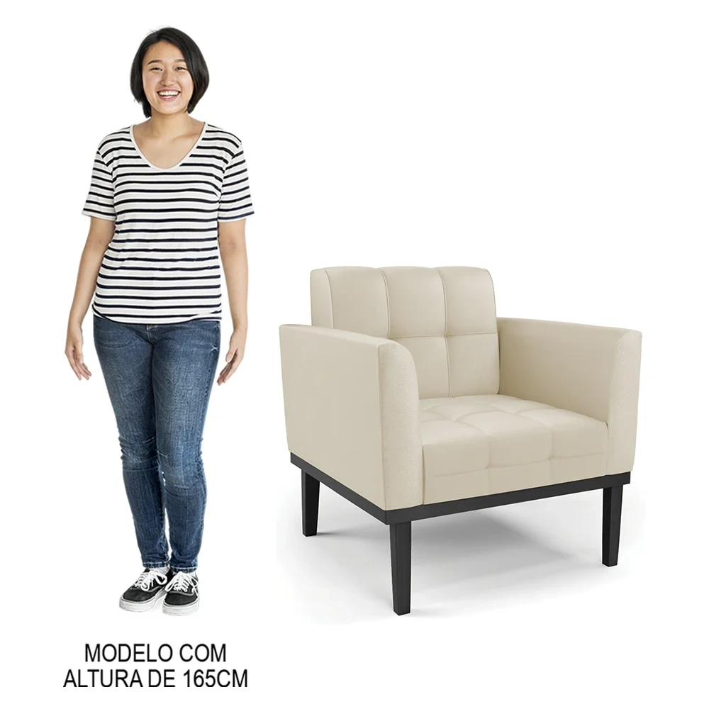 Sofá Namoradeira e 2 Poltronas Base Madeira Preto Ana Sintético Bege - Ibiza