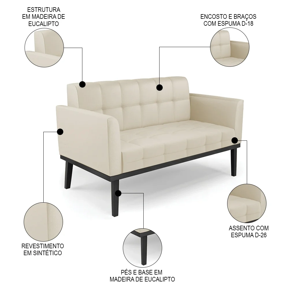 Sofá Namoradeira e 2 Poltronas Base Madeira Preto Ana Sintético Bege - Ibiza