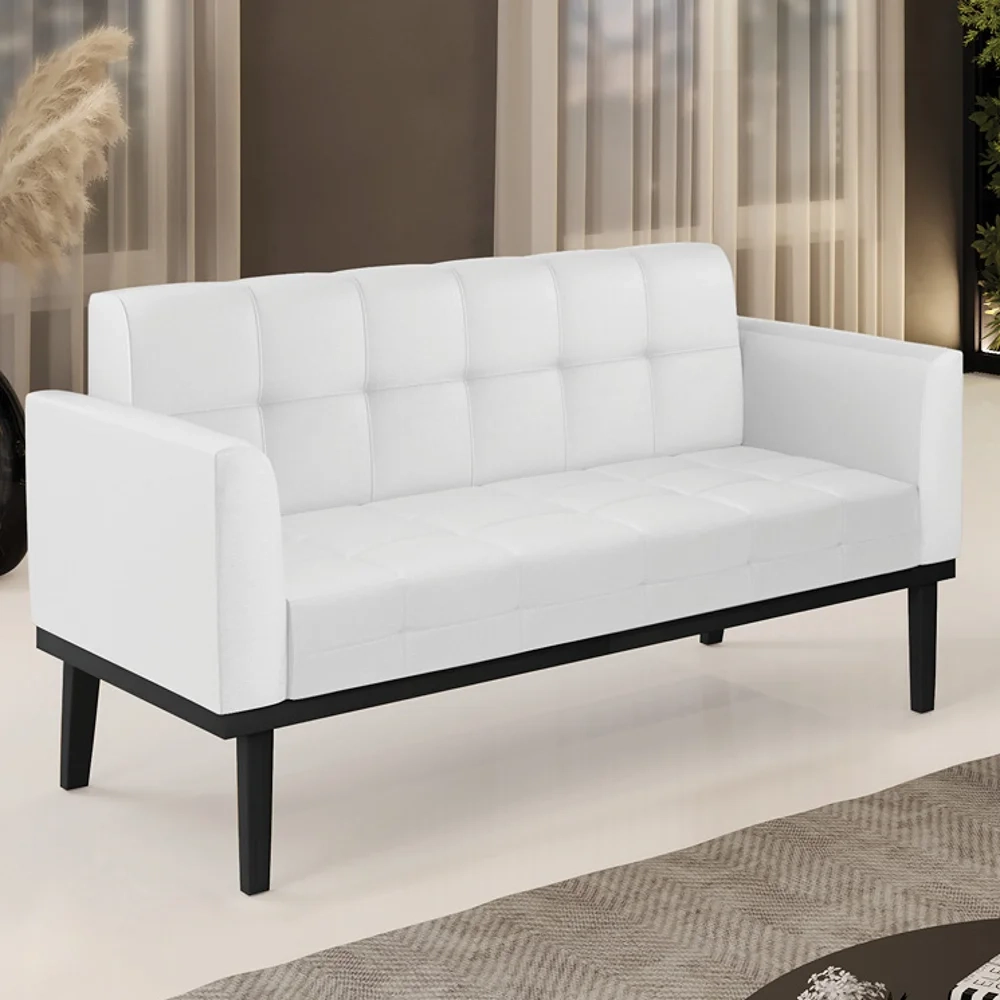 Sofá Namoradeira Base Madeira Preto Ana Sintético Branco - Ibiza