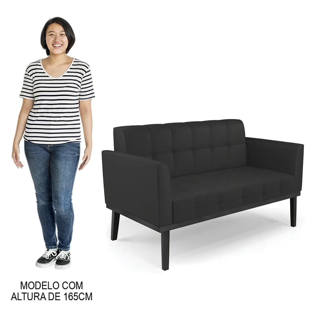 Sofá Namoradeira e 2 Poltronas Base Madeira Preto Ana Sintético Preto - Ibiza