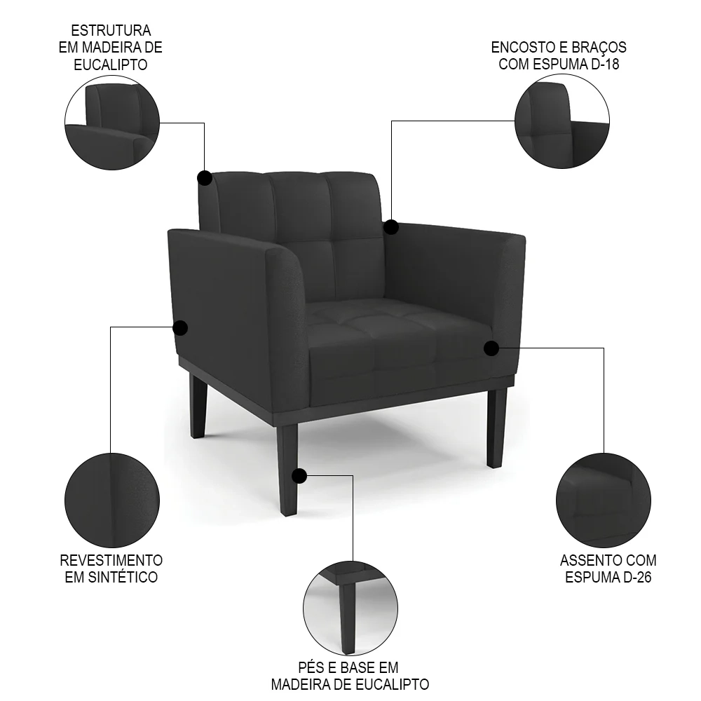Sofá Namoradeira e 2 Poltronas Base Madeira Preto Ana Sintético Preto - Ibiza