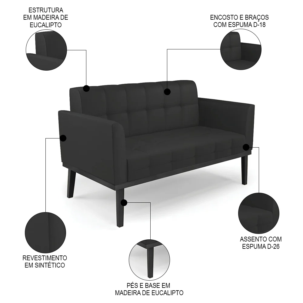 Sofá Namoradeira e 2 Poltronas Base Madeira Preto Ana Sintético Preto - Ibiza