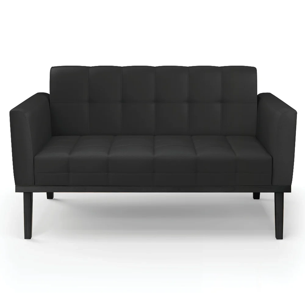 Sofá Namoradeira e 2 Poltronas Base Madeira Preto Ana Sintético Preto - Ibiza