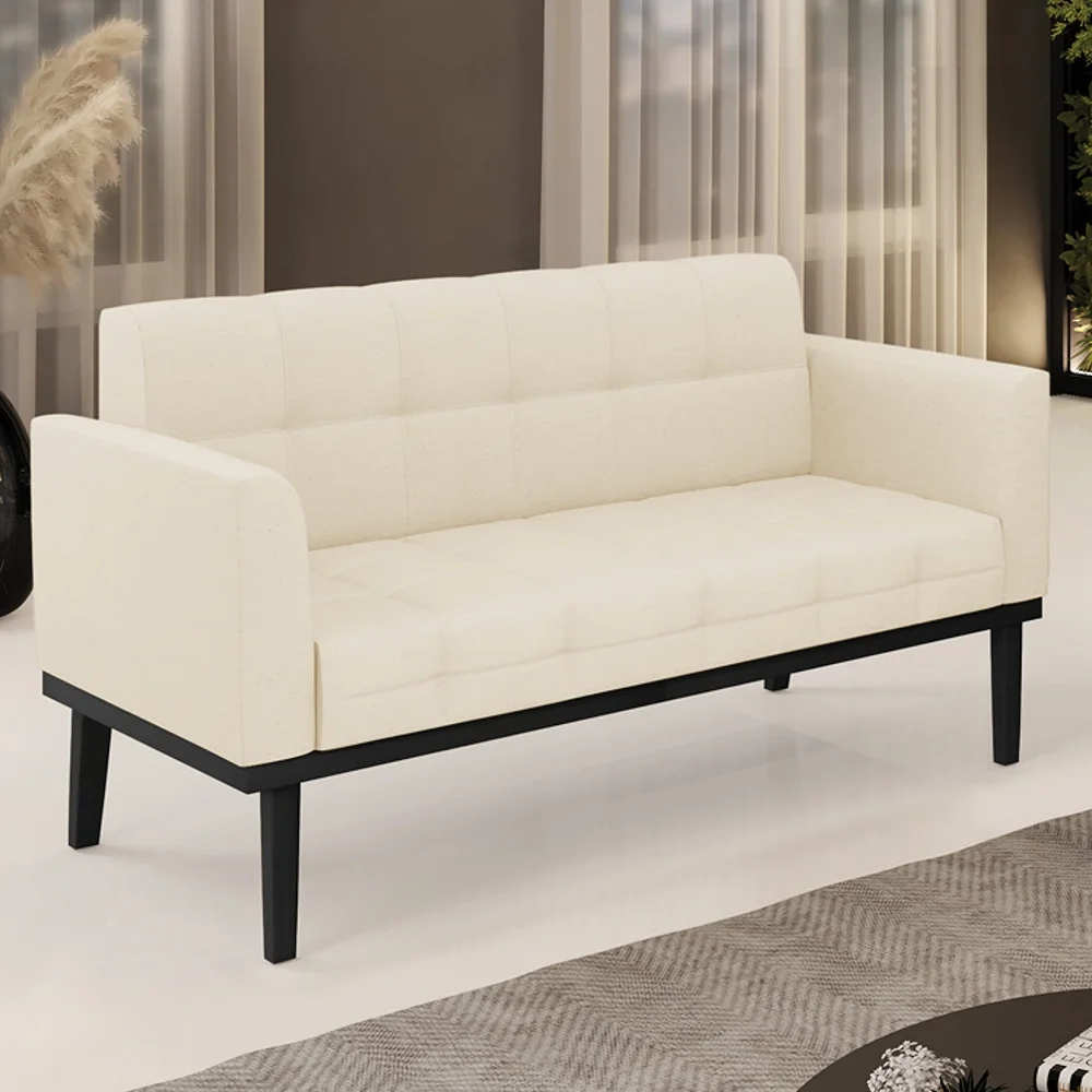 Sofá Namoradeira Base Madeira Preto Ana Linho Bege - Ibiza