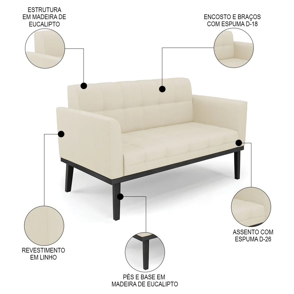 Sofá Namoradeira Base Madeira Preto Ana Linho Bege - Ibiza
