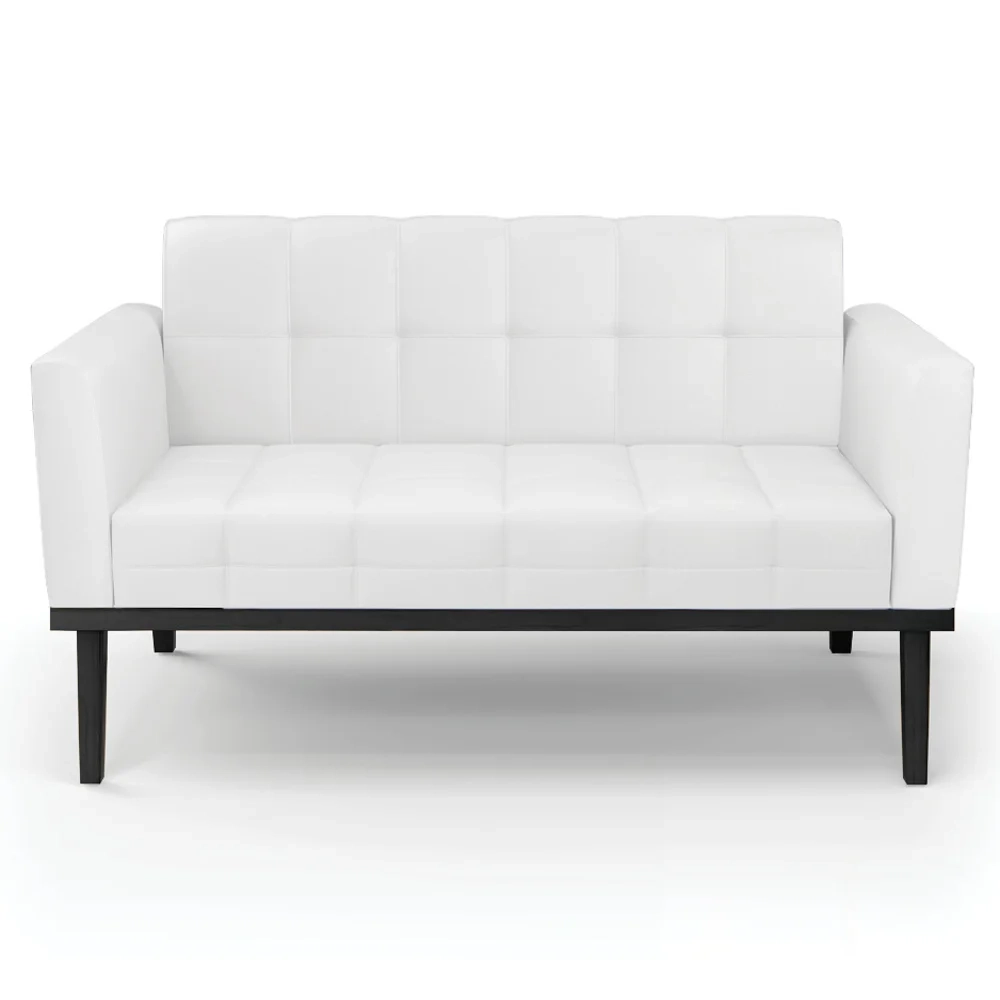 Sofá Namoradeira e 2 Poltronas Base Madeira Preto Ana Sintético Branco - Ibiza