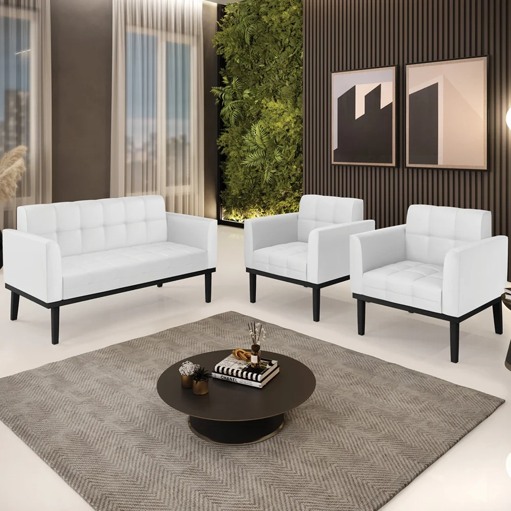 Sofá Namoradeira e 2 Poltronas Base Madeira Preto Ana Sintético Branco - Ibiza