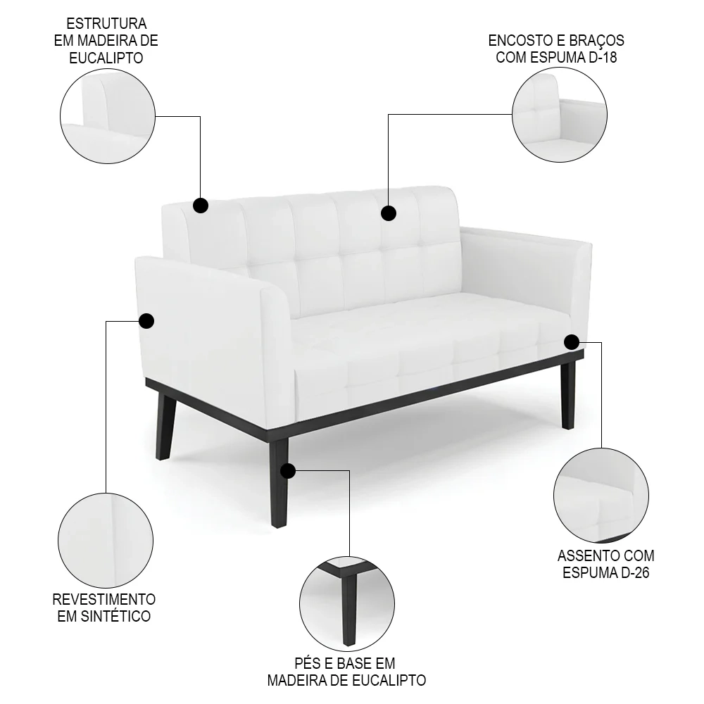 Sofá Namoradeira e 2 Poltronas Base Madeira Preto Ana Sintético Branco - Ibiza