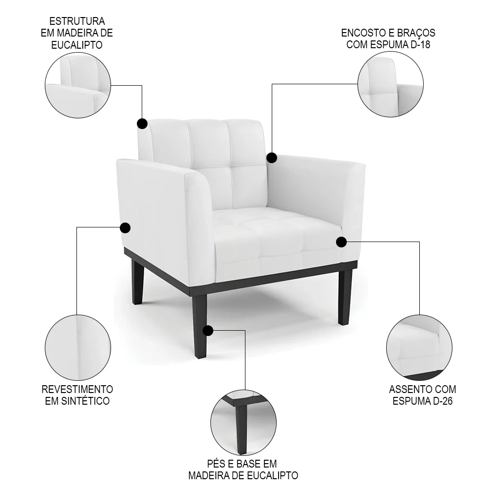 Sofá Namoradeira e 2 Poltronas Base Madeira Preto Ana Sintético Branco - Ibiza