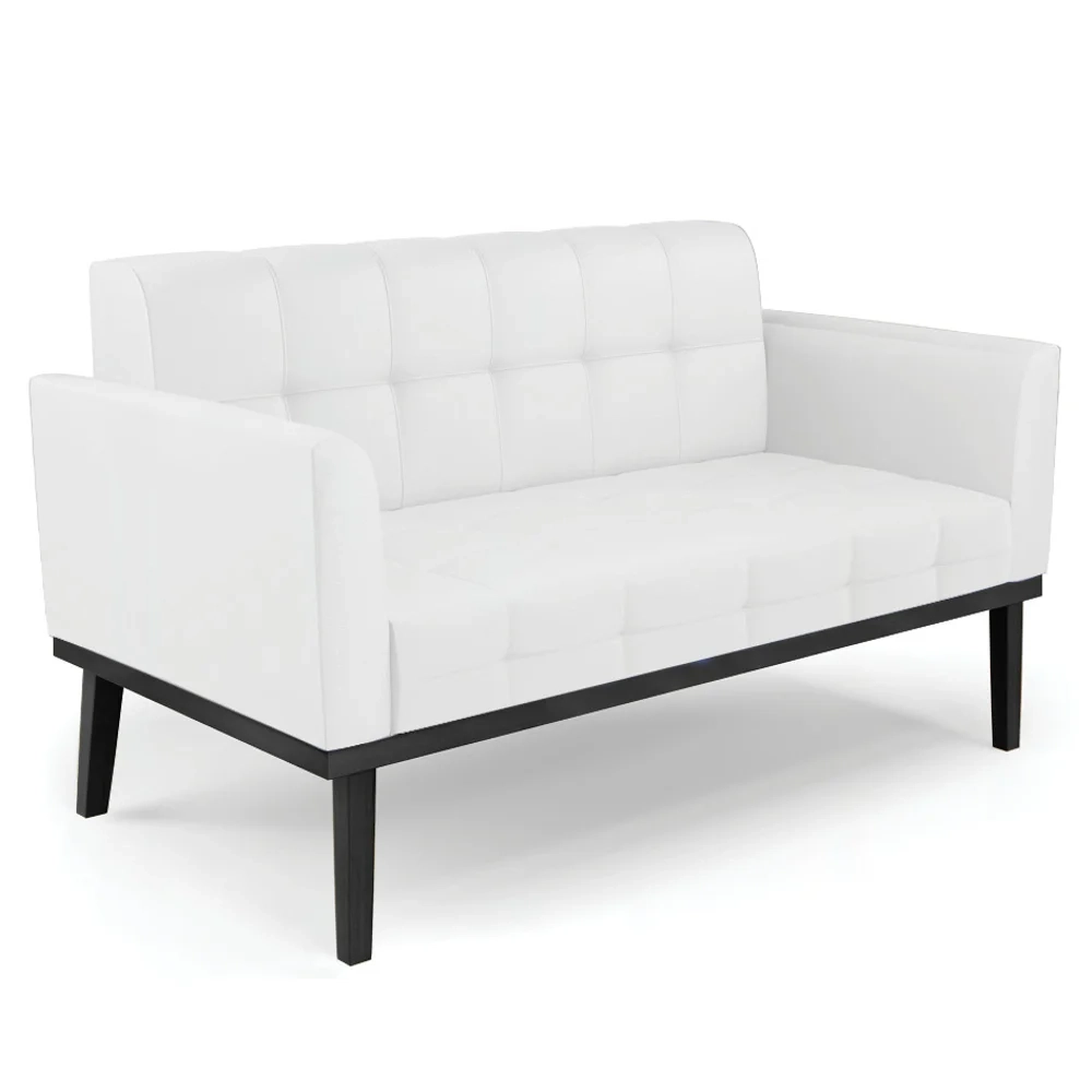 Sofá Namoradeira e 2 Poltronas Base Madeira Preto Ana Sintético Branco - Ibiza