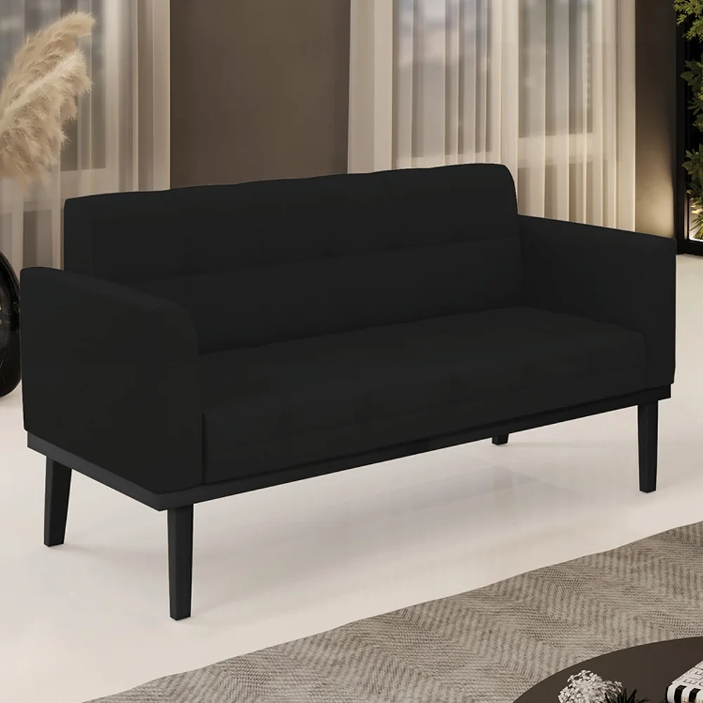 Sofá Namoradeira Base Madeira Preto Ana Linho Preto - Ibiza